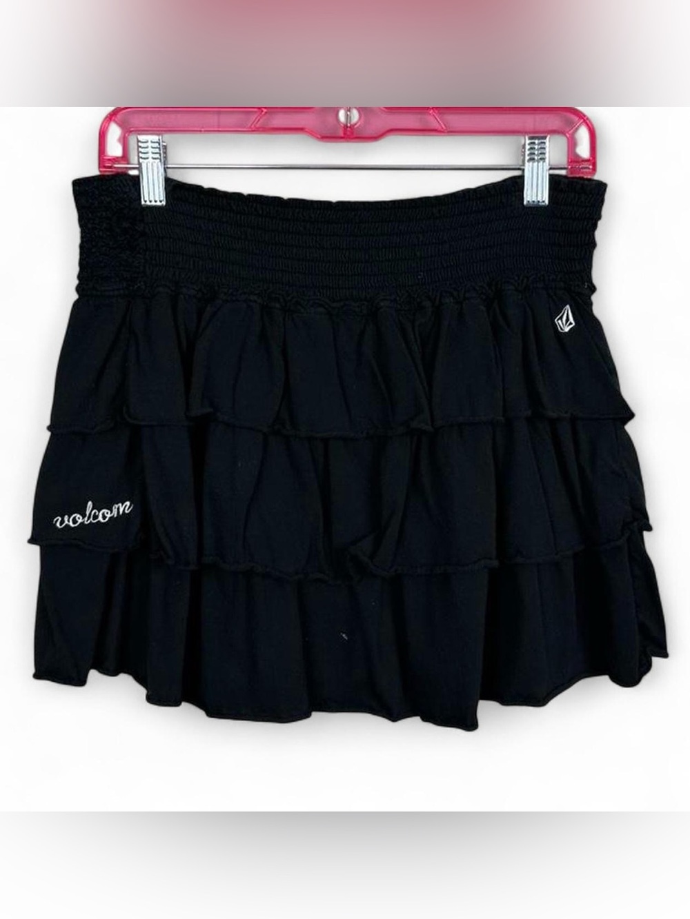Volcom Black Smocked Waist Tiered Mini Skirt